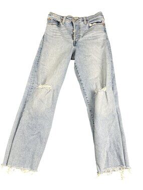 Levis Ribcage Womens Light Wash Distressed Straight Ankle Raw Hem Jeans Size 29